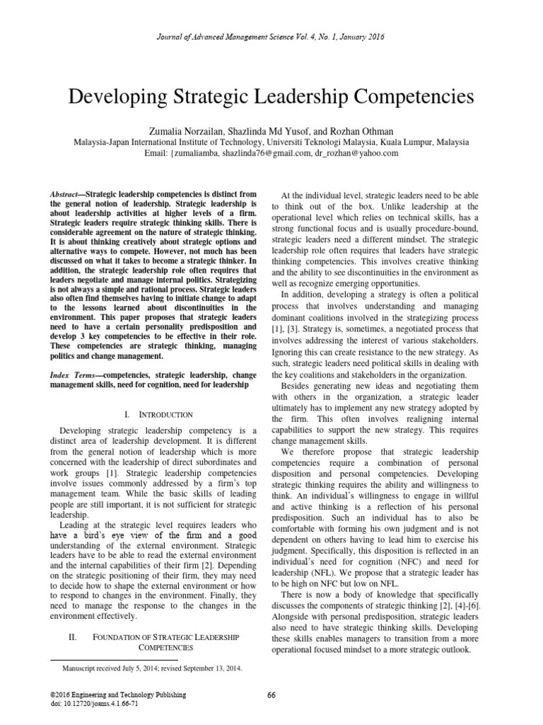Developing Strategic Leadership Competencies | PDF