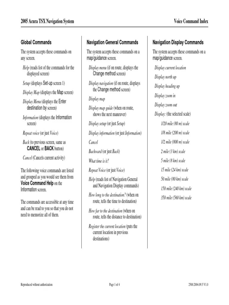 2005 acura tsx voice commands