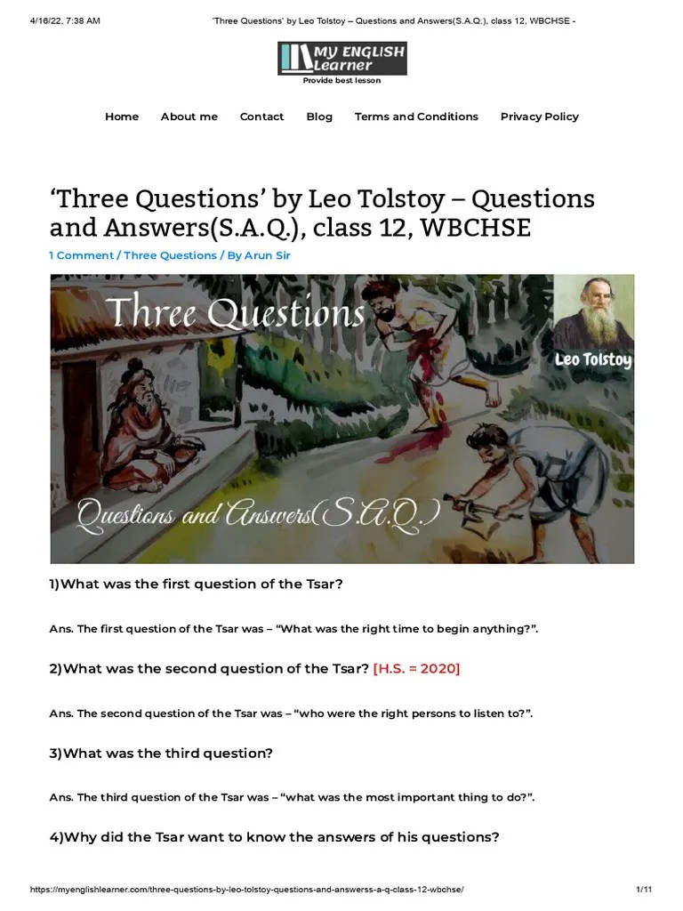 Three Questions' By Leo Tolstoy - Questions And Answers (S.a.Q.), Class 12, WBCHSE | PDF