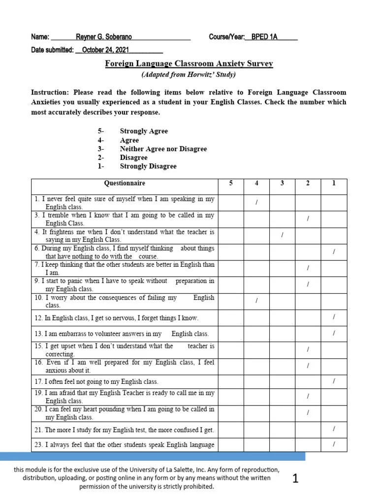 Foreign Language Classroom Anxiety Survey | PDF | English Language | Anxiety
