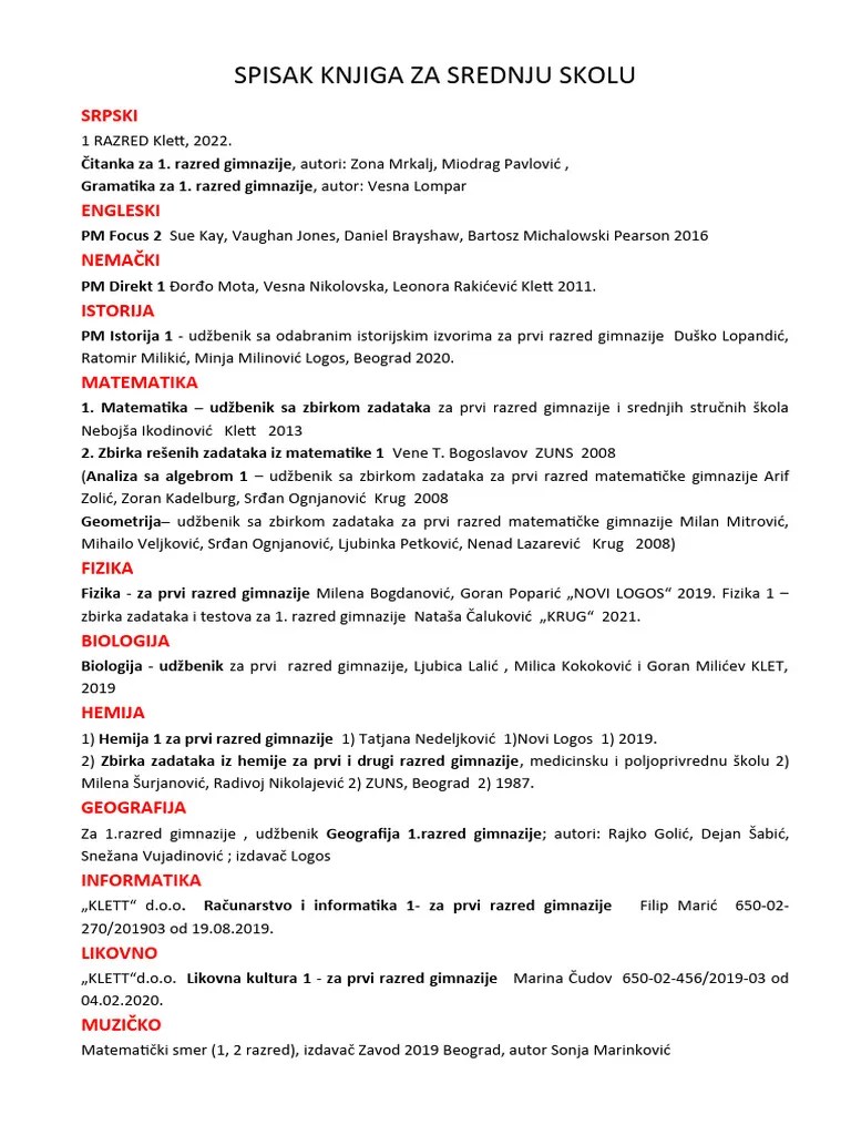 SPISAK KNJIGA Gimnazija | PDF