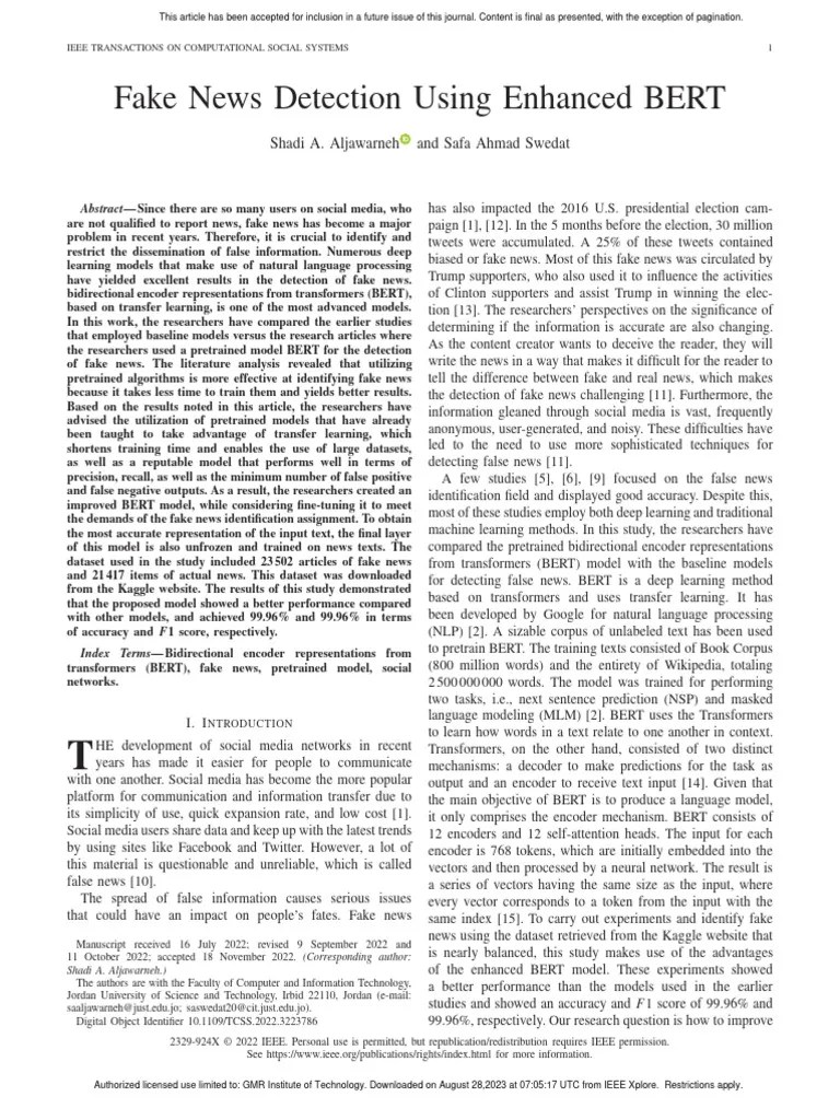 Fake News Detection Using Enhanced BERT | PDF | Receiver Operating ...