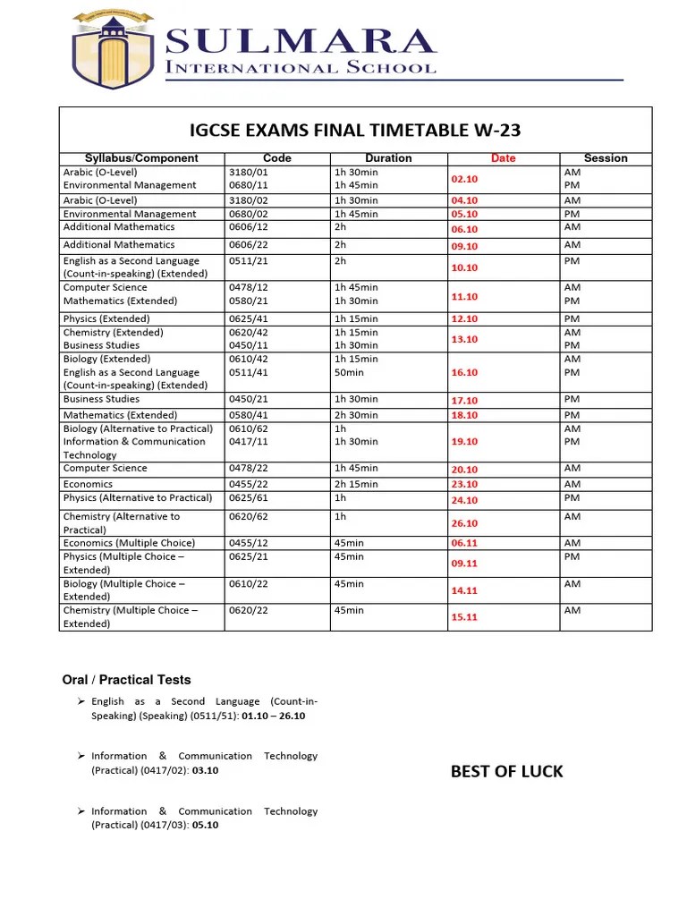 Igcse Exams Final Timetable W-23-1 | PDF