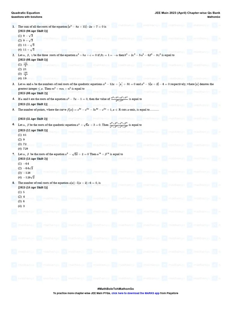 Quadratic Equation - JEE Main 2023 April Chapterwise PYQ - MathonGo ...
