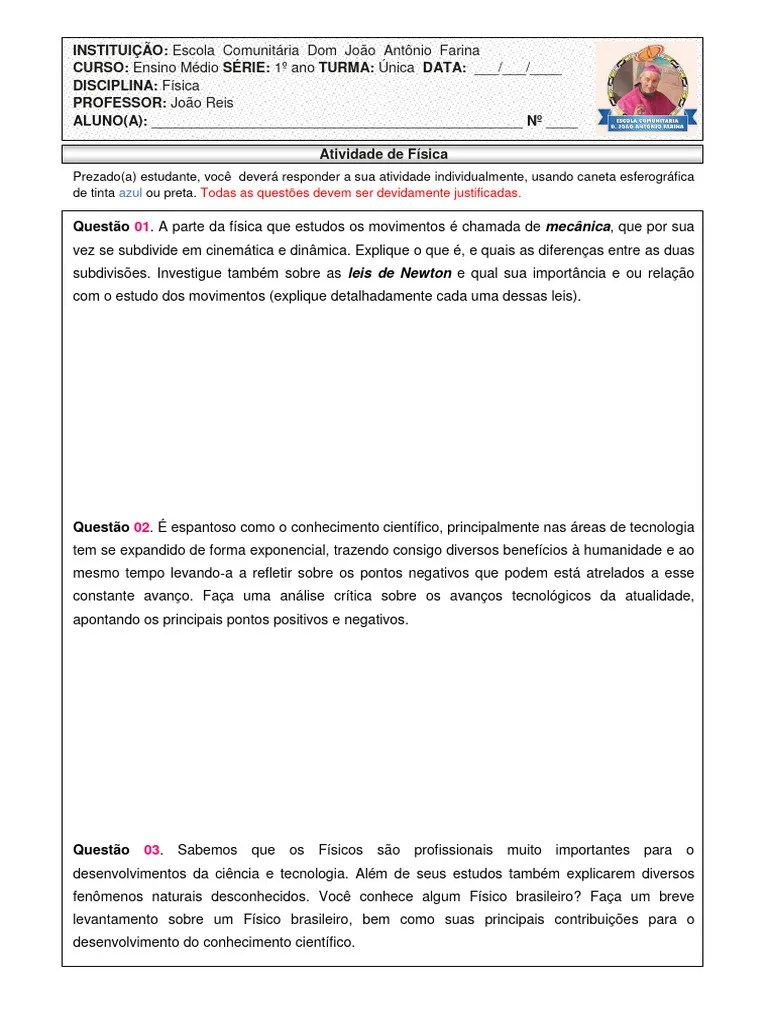 Atividade De Física 1º Ano (1) | PDF