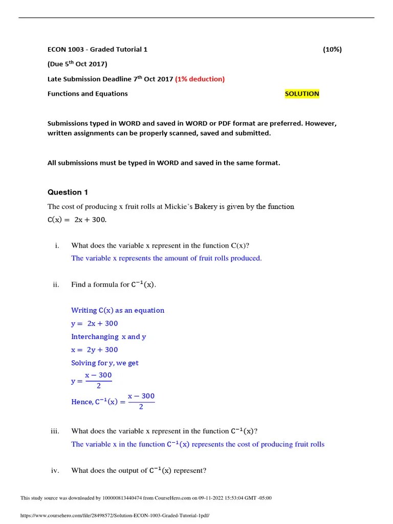 Solution ECON 1003 Graded Tutorial 1 PDF | PDF | Equations | Mathematics