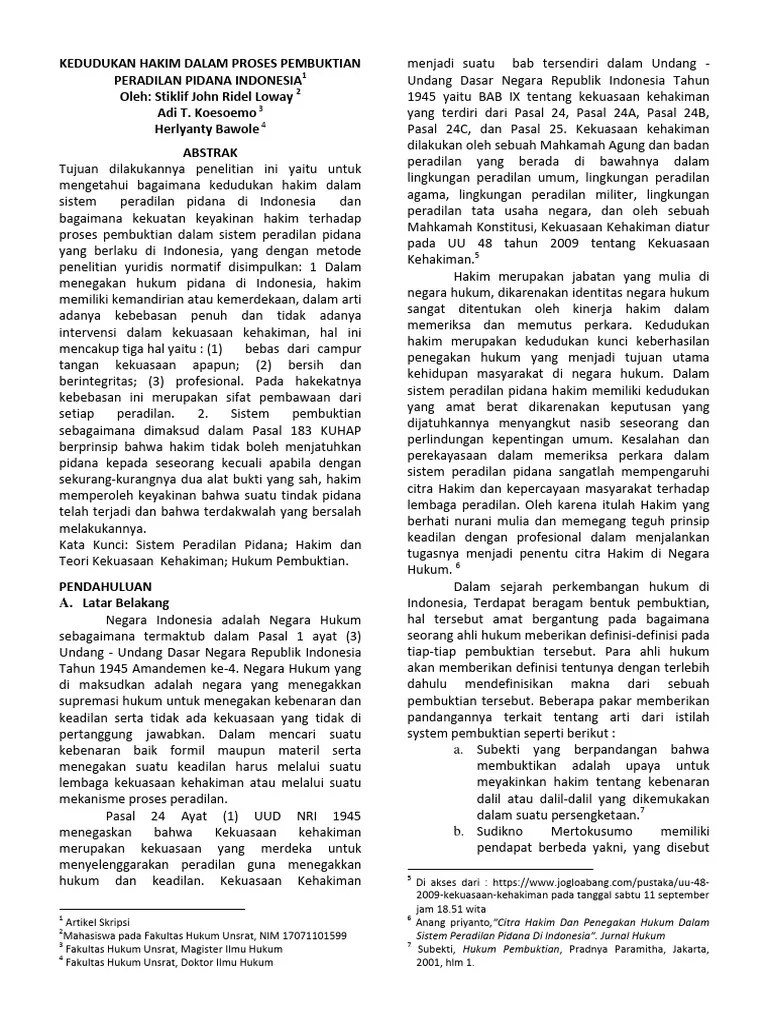 Kedudukan Hakim Dalam Proses Pembuktian Peradilan Pidana Indonesia | PDF