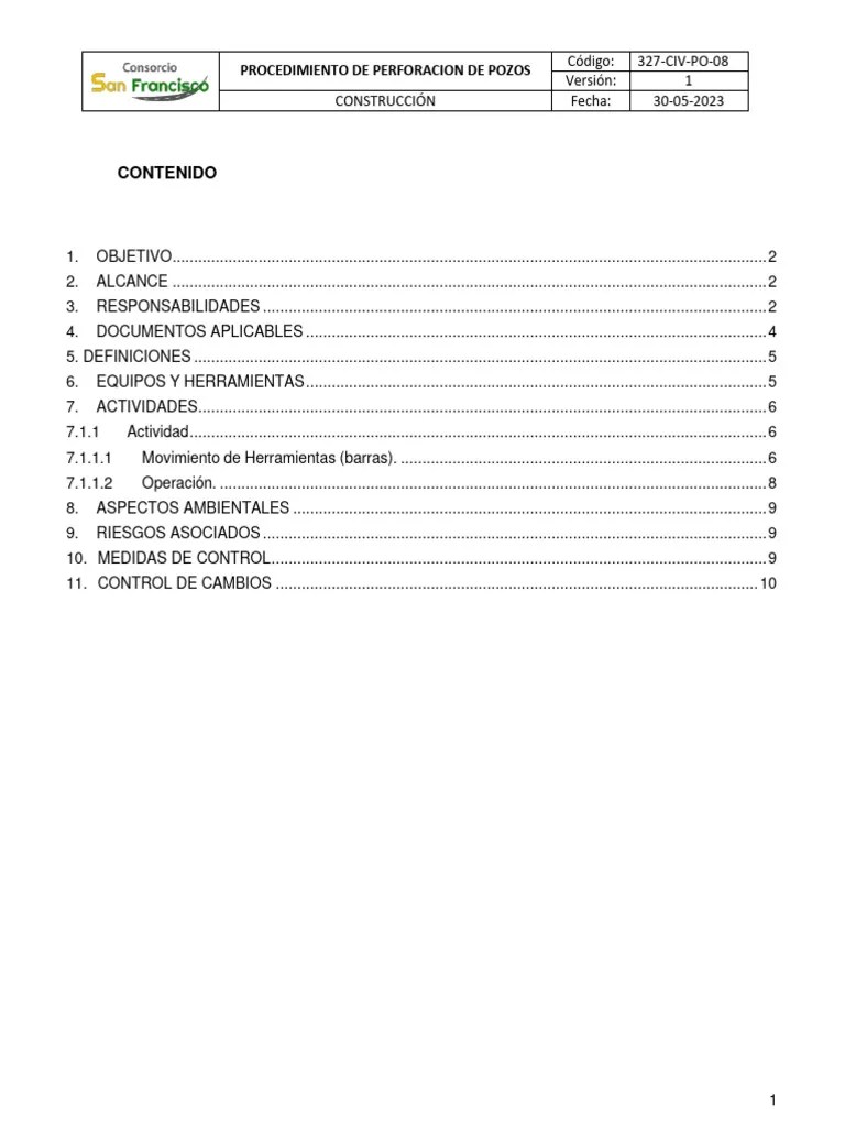 327-CIV-PO-08 Exploración Y Perforación De Pozos | PDF | Perforación