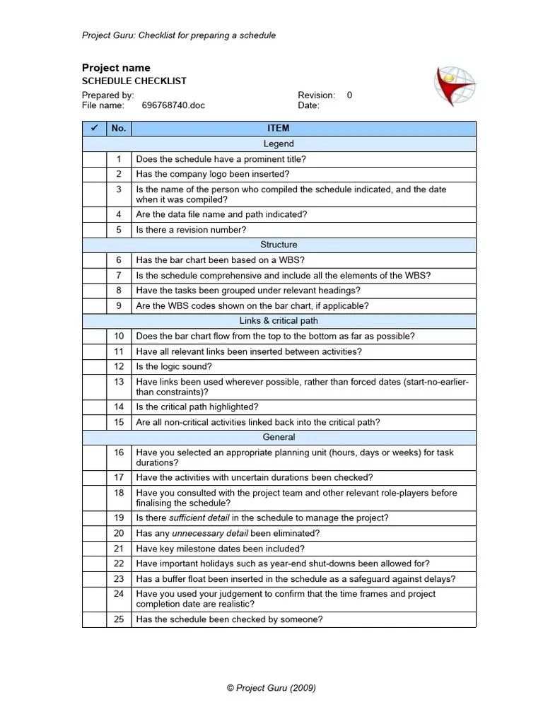 Checklist schedule rev0