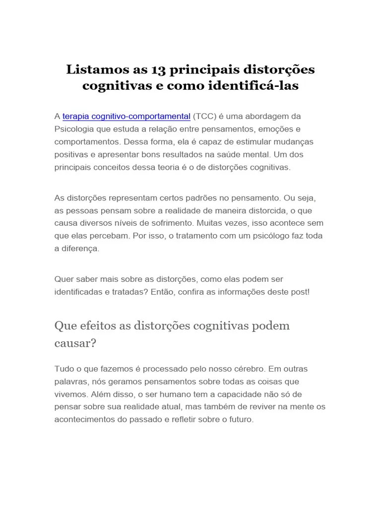 Distorções Cognitivas | PDF | Pensamento | Terapia Cognitiva Comportamental