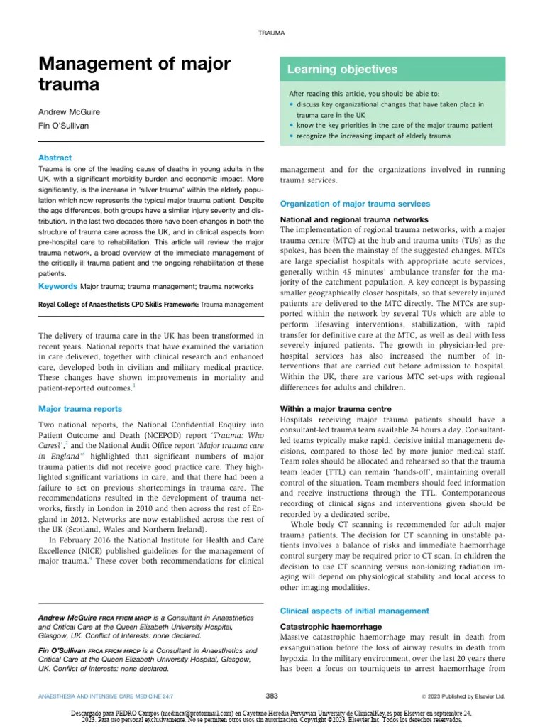 Management Of Major Trauma | PDF