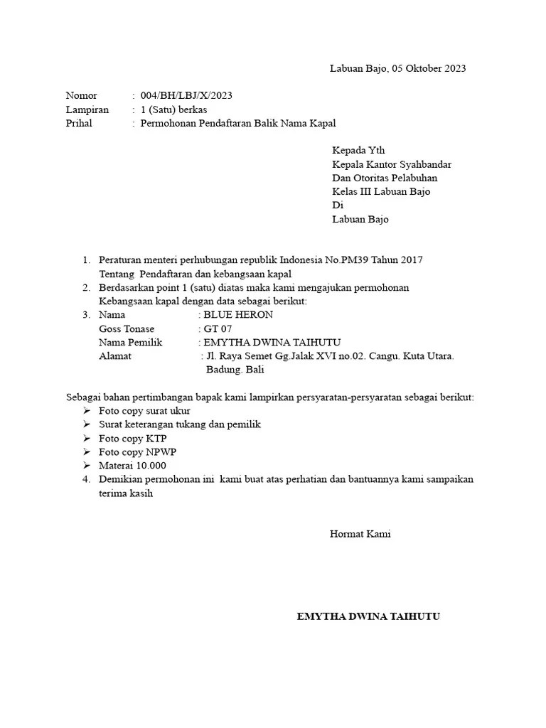 Surat Permohonan Balik Nama Kapal | PDF