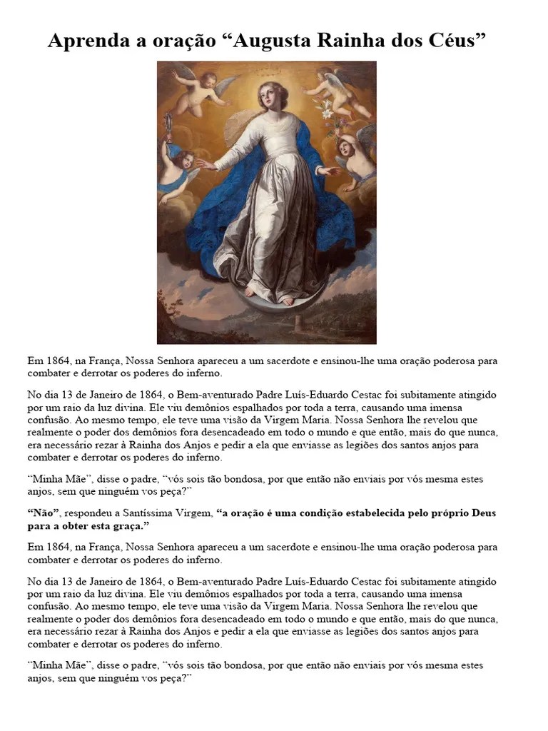 Aprenda A Oração “Augusta Rainha Dos Céus” | PDF