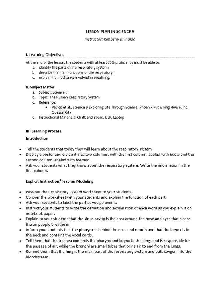 Sample Lesson Plan - 3 | PDF | Respiratory System | Lung