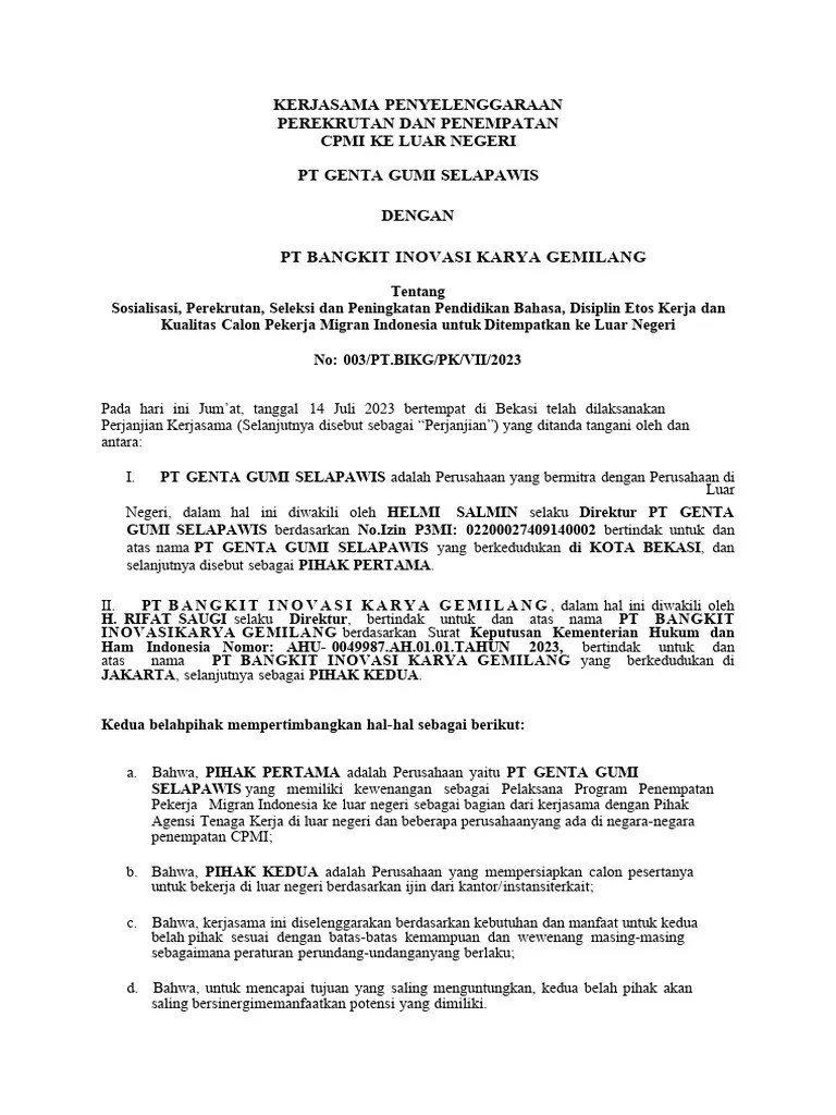 Kerjasama Mou PT Primaduta Mandiri Insani & PT Bikg | PDF