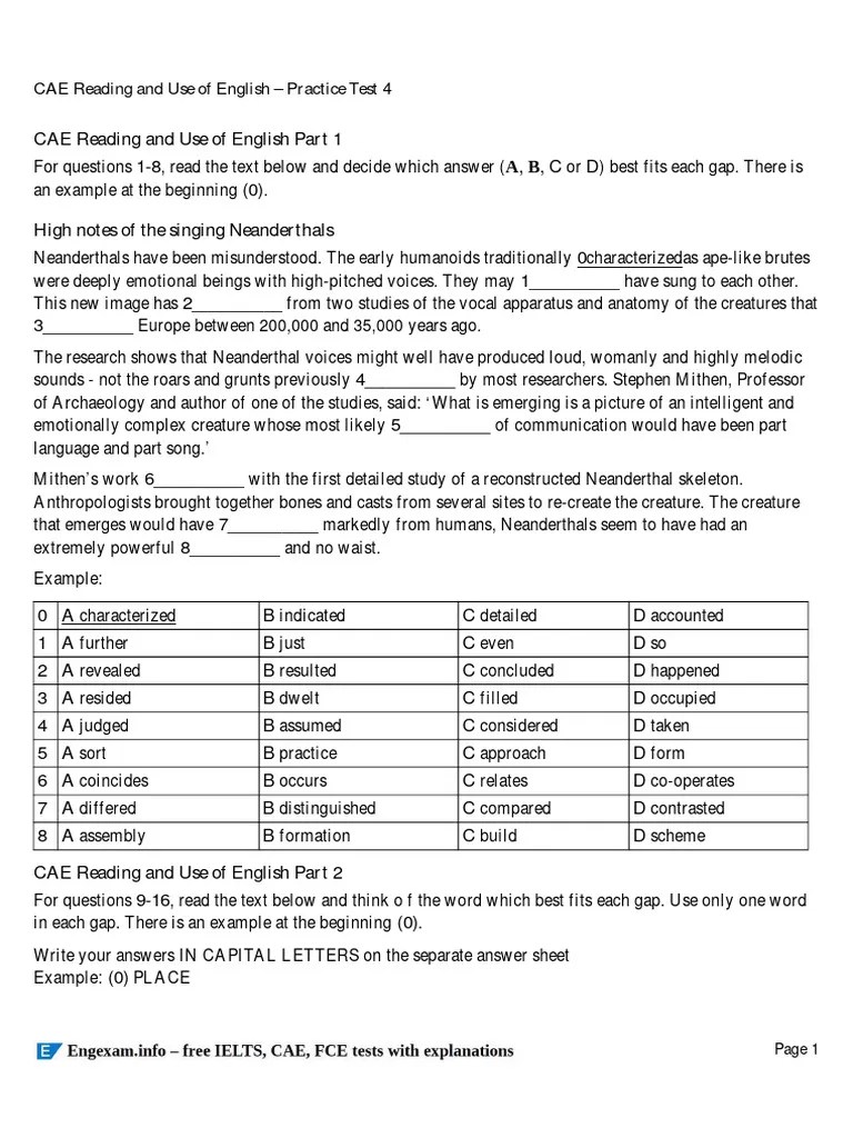 CAE Reading And Use Of English Practice Test 4 Printable | PDF