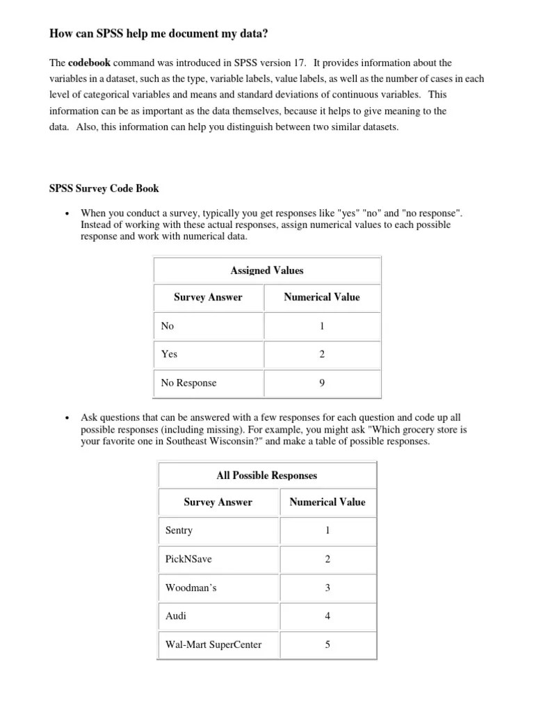 SPSS Survey Code Book | PDF | Spss | Statistics