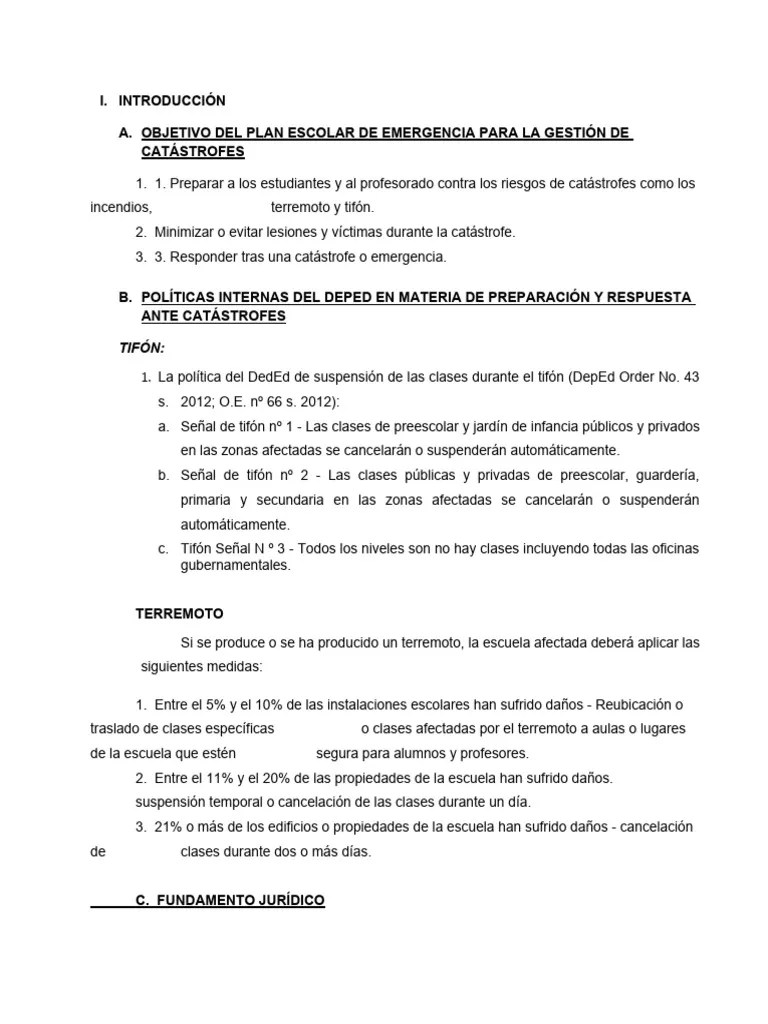 Plan De Contingencia Para La Gestión De Desastres Escolares | PDF ...