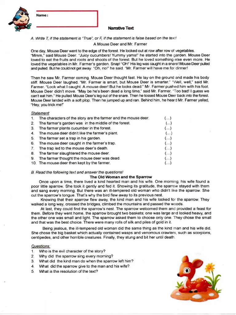 Worksheet Narrative Text Kelas 9 | PDF