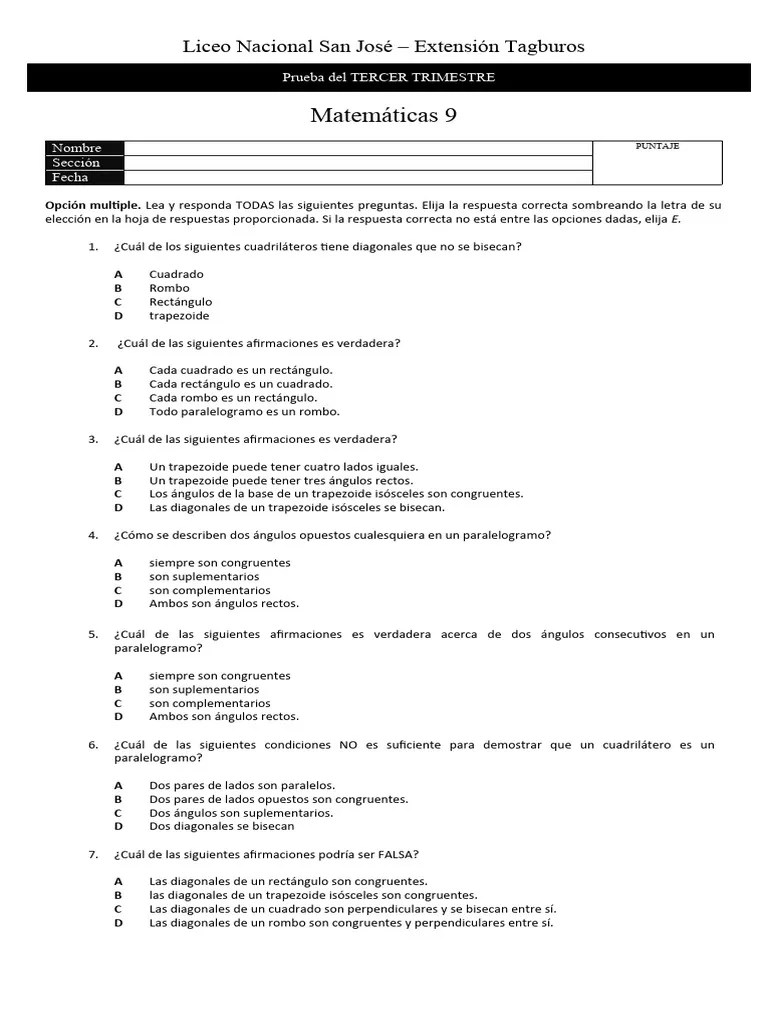 Examen Del Tercer Trimestre De Matemáticas De Noveno Grado | PDF | Rectángulo | Geometría Del ...