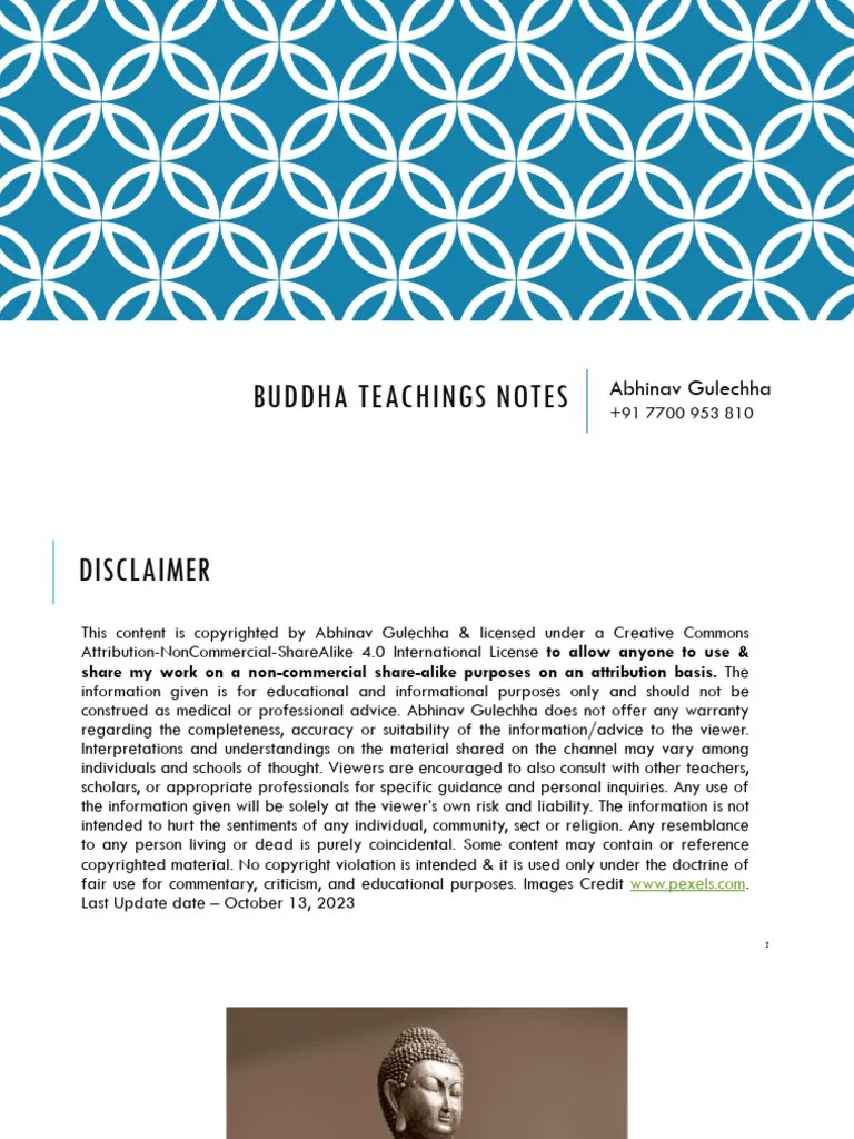 Buddha Teachings Notes - 13102023 | PDF | Noble Eightfold Path | Buddhahood