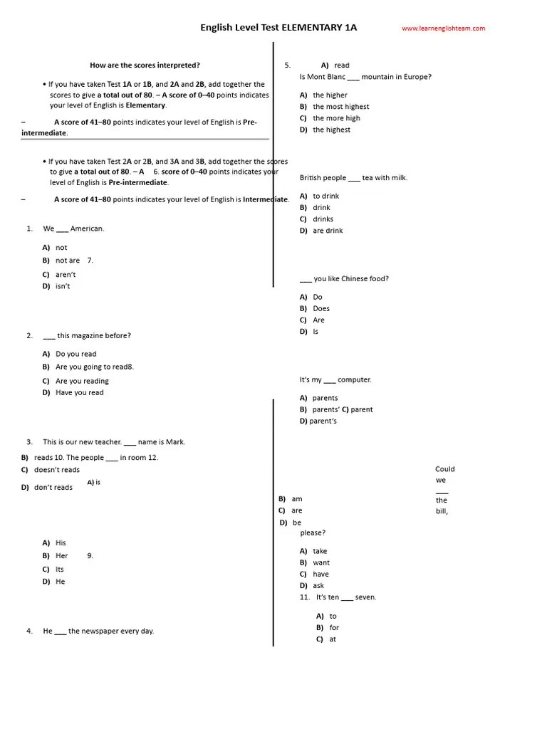 1 English Level Test Elementary A1 | PDF