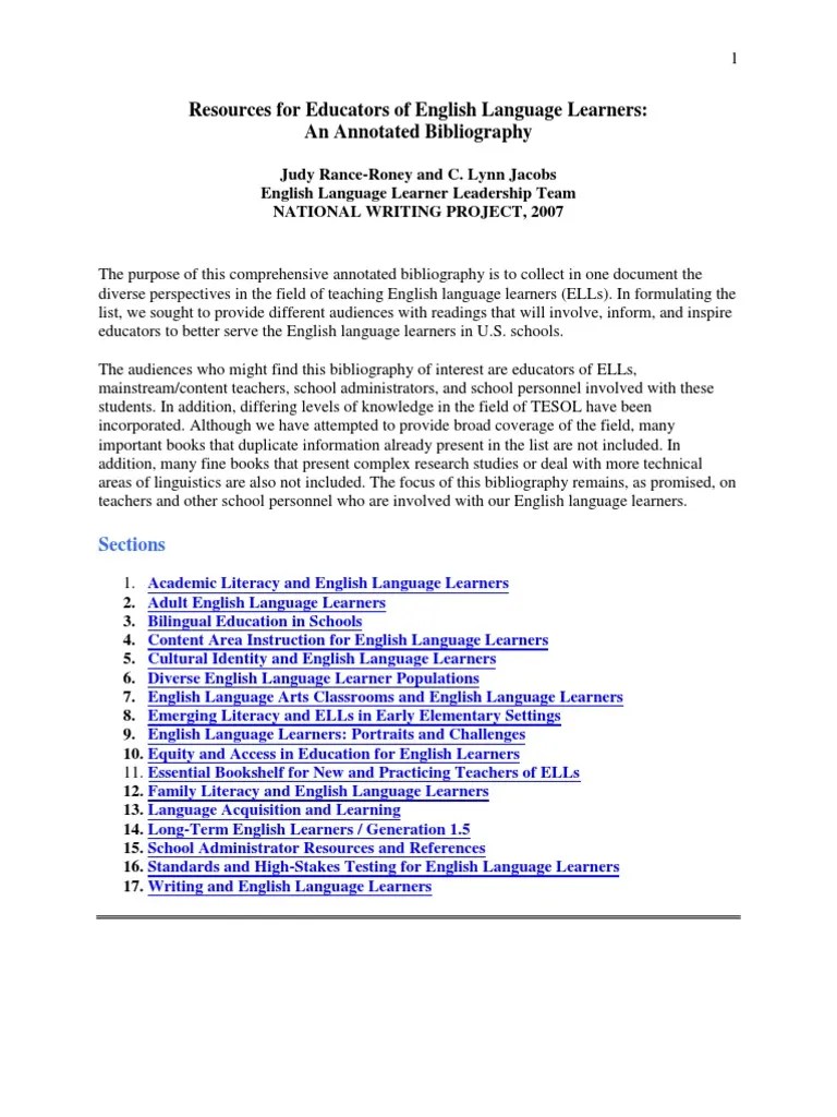 Resources For Educators Of English Language Learners - An Annotated ...