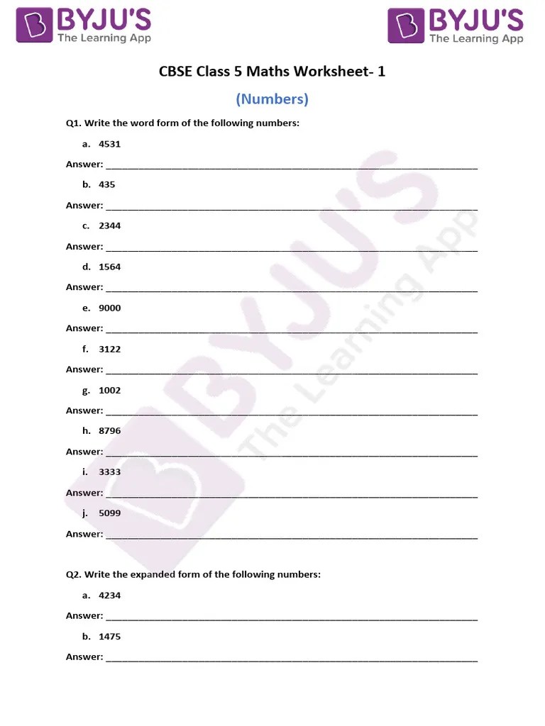 CBSE Class 5 Maths Worksheet 1 | PDF