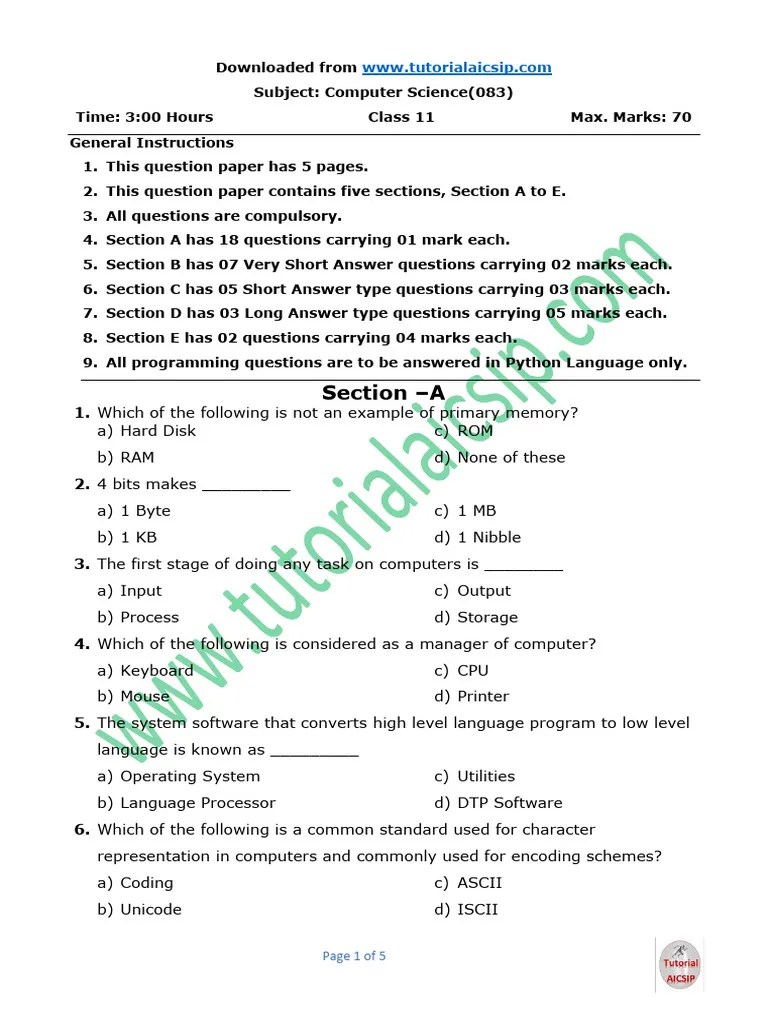 Sample Paper Class XI Half Yearly CS | PDF