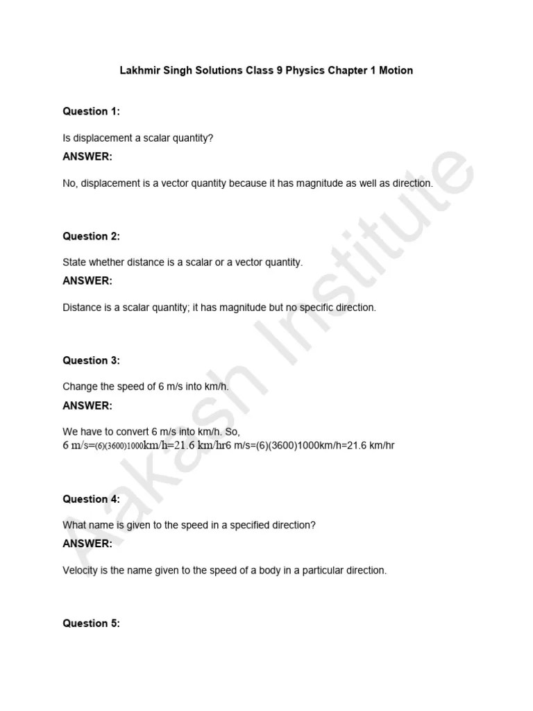 Lakhmir Singh Solutions Class 9 Physics Chapter 1 Motion | PDF | Speed ...
