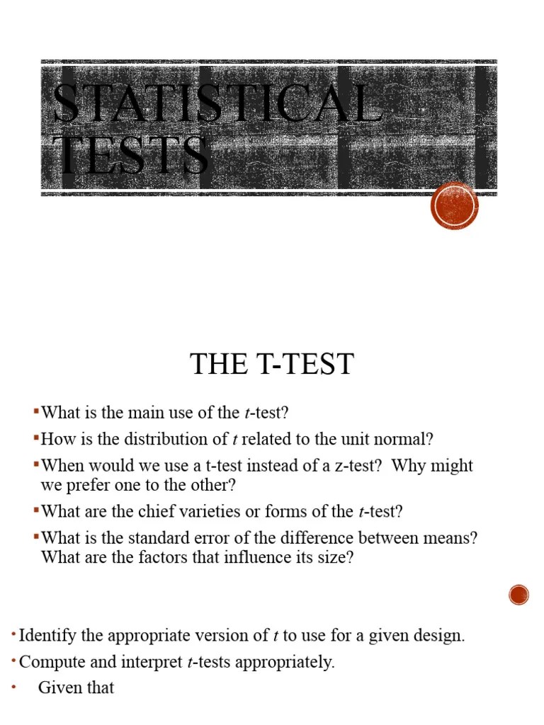 Lecture 3 - Statistical Tests | PDF | Student's T Test | Standard Deviation