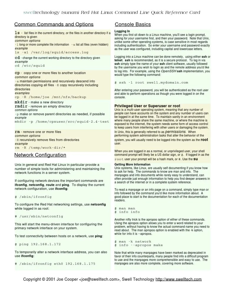 Red Hat Linux Command Line Quick Reference Card | PDF | Secure Shell ...