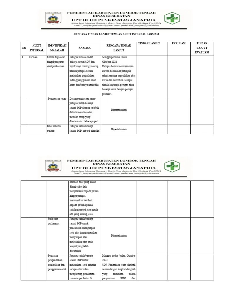 Laporan Tindak Lanjut Temuan Audit Internal Farmasi | PDF