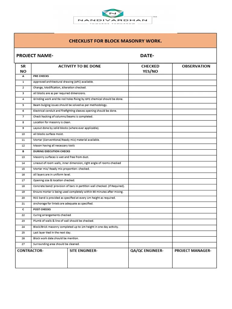 Checklist For Block Work Masonry | PDF
