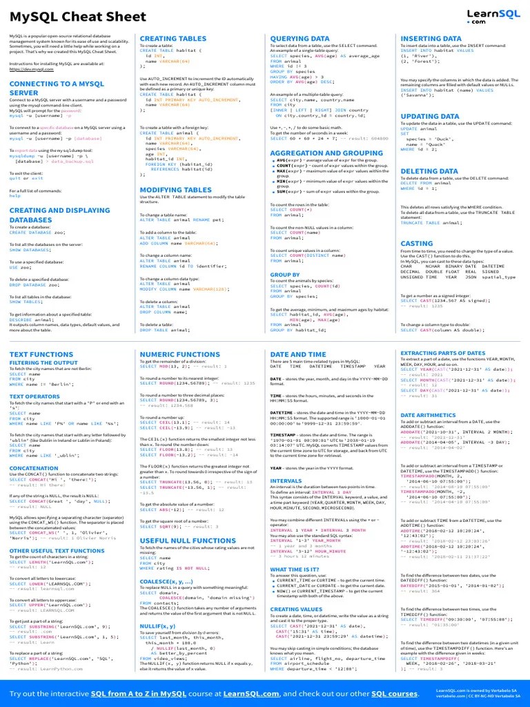 Mysql Cheat Sheet Ledger | PDF | Software Engineering | Computing