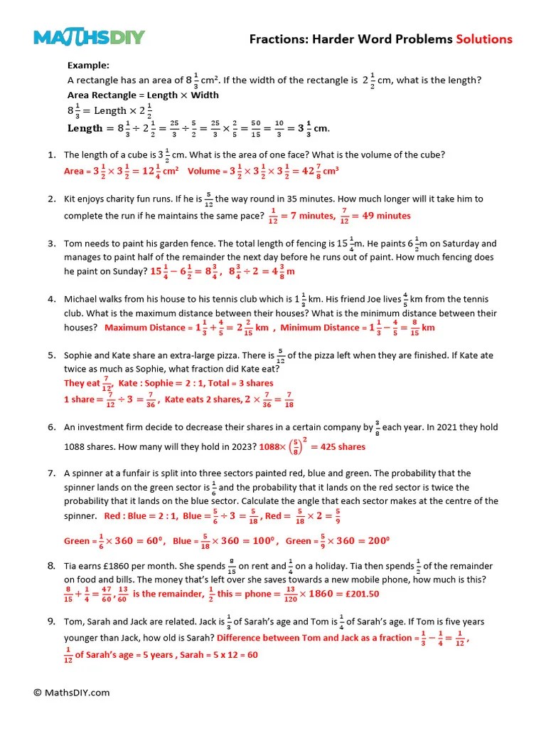 Fractions Harder Word Problems Solutions | PDF | Length | Area
