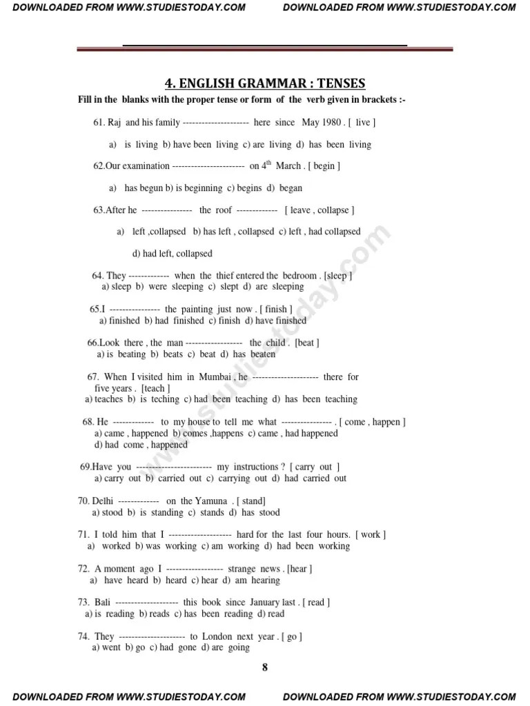 CBSE Class 8 English MCQs - English Grammar - Tenses | PDF