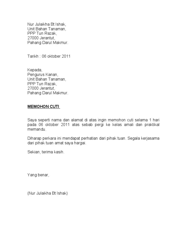 Rasmi Contoh Surat Permohonan Cuti Kerja / 1