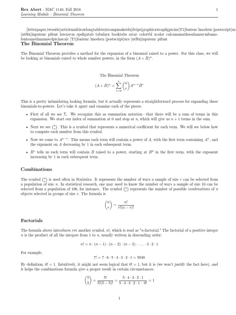 Binomial Theorem | PDF | Summation | Arithmetic
