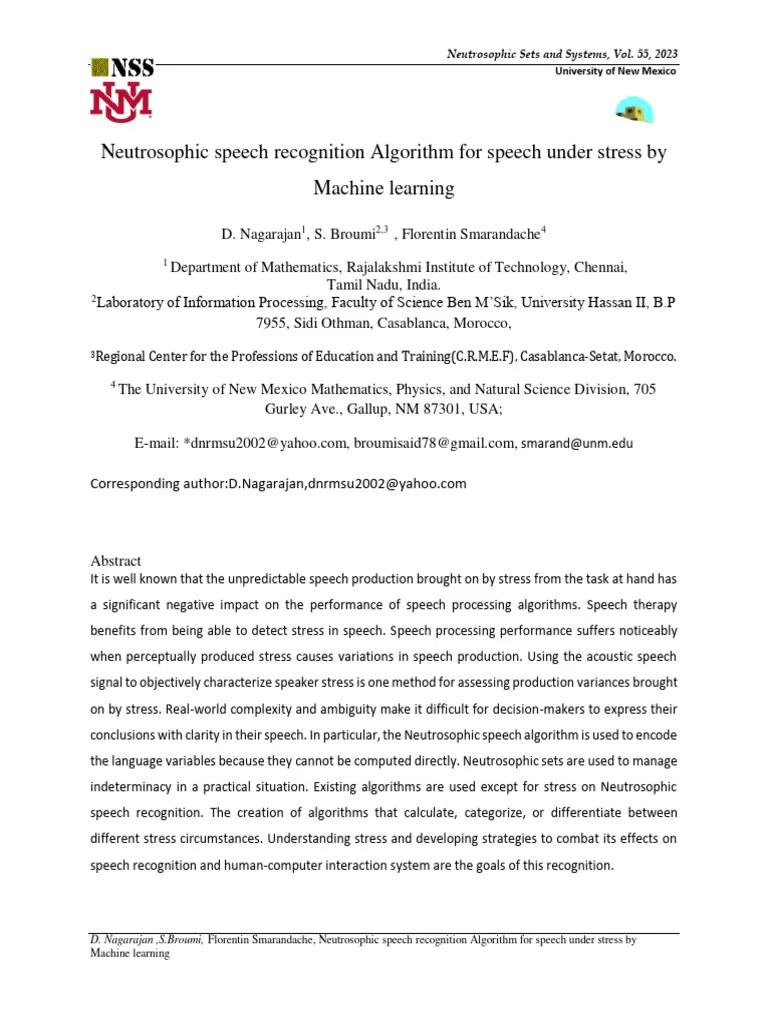 Neutrosophic Speech Recognition Algorithm For Speech Under Stress By ...