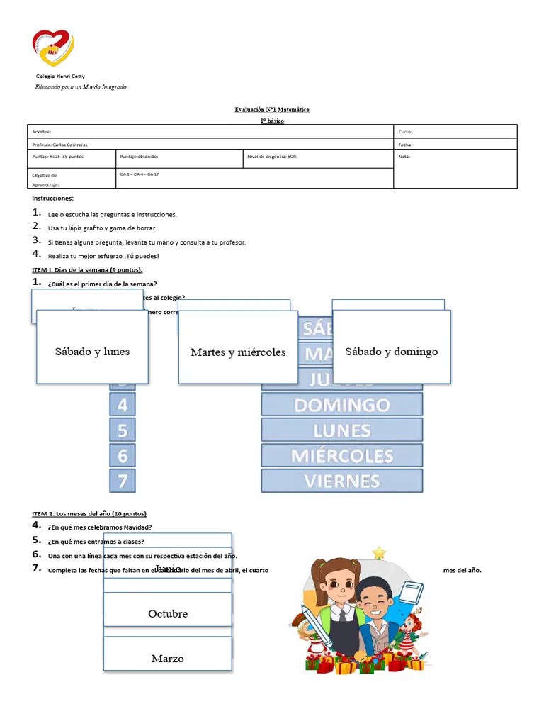 1° Basico - Evaluación N°1 Matematica | PDF