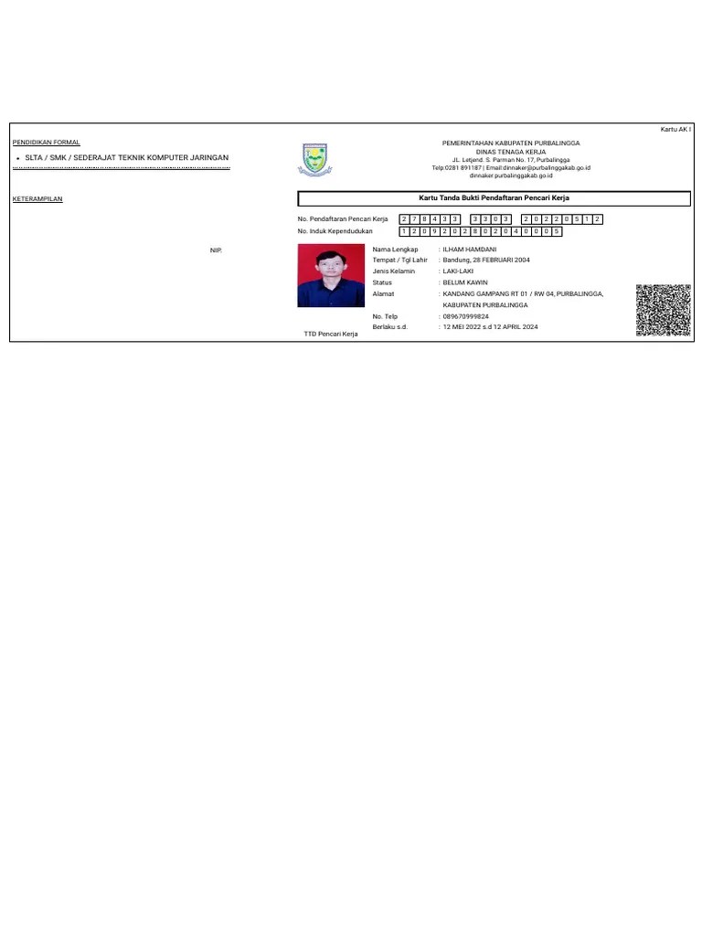Kartu Tanda Bukti Pendaftaran Pencari Kerja | PDF