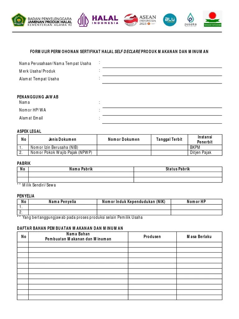 Form Pengajuan Sertifikat Halal Self Declare | PDF