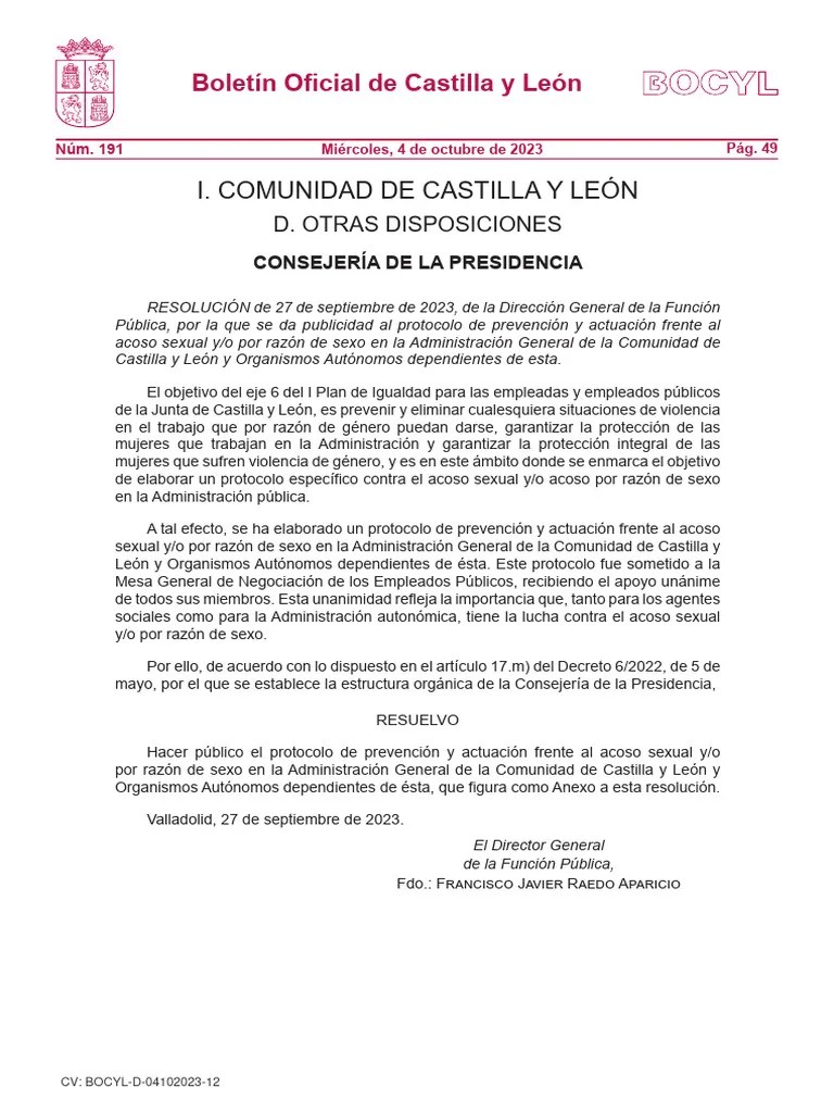 BOCYL-D-04102023-12 Protocolo De Prevención Y Actuación Frente Al Acoso Sexual | PDF | Acoso ...