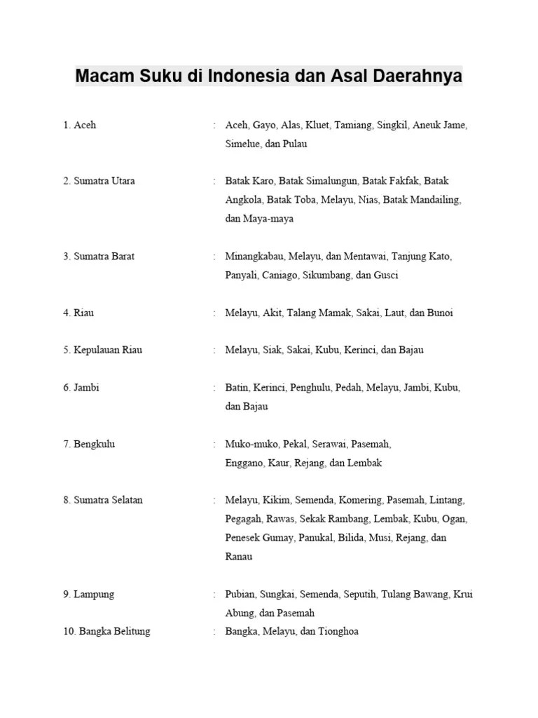 Macam Suku Di Indonesia Dan Asal Daerahnya | PDF