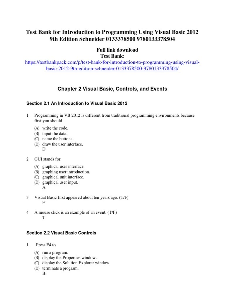 Test Bank For Introduction To Programming Using Visual Basic 2012 9th ...