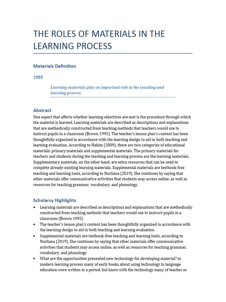 The Roles Of Materials In The Learning Process | PDF