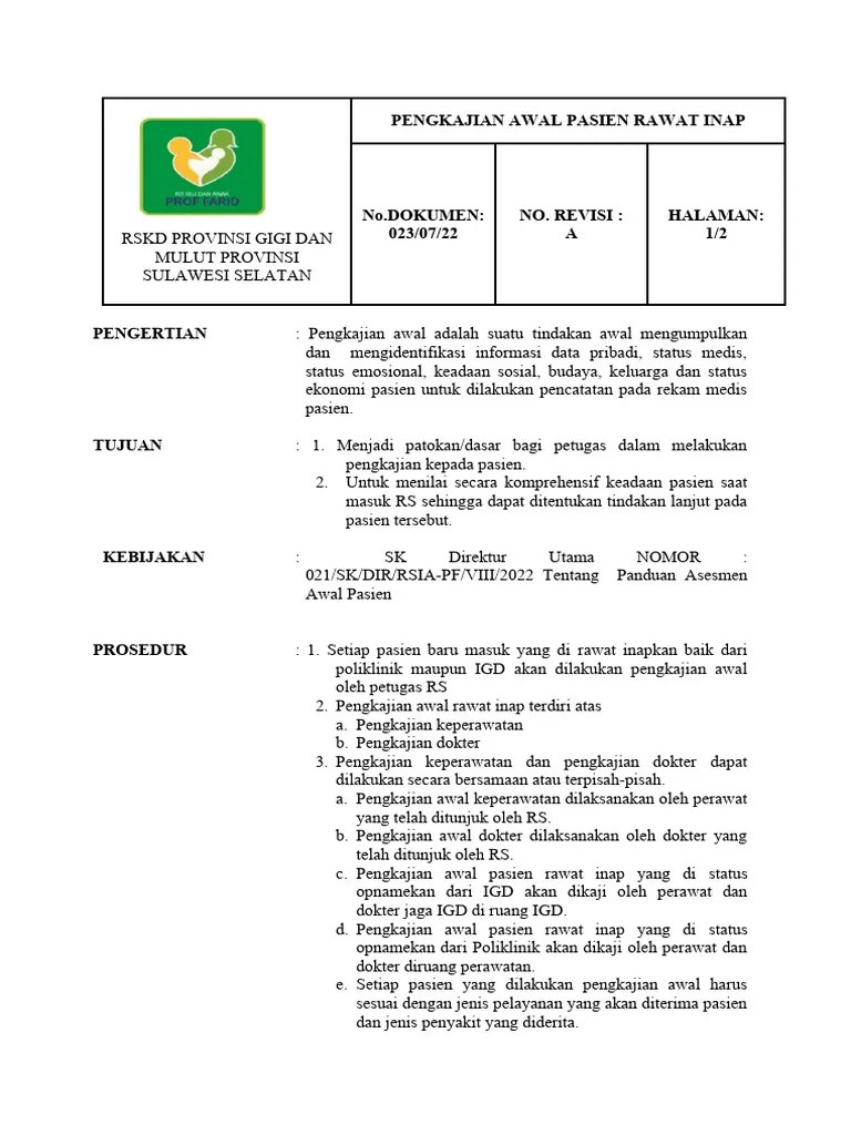 Sop Pengkajian Ranap | PDF