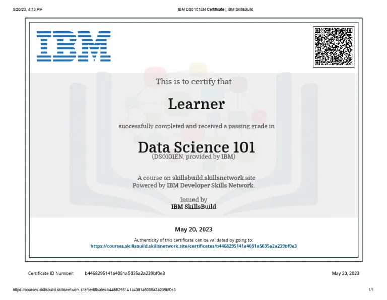 IBM DS0101EN Certificate - IBM SkillsBuild | PDF