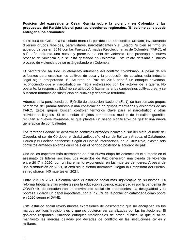 Posición Del Expresidente Cesar Gaviria Sobre La Violencia En Colombia ...